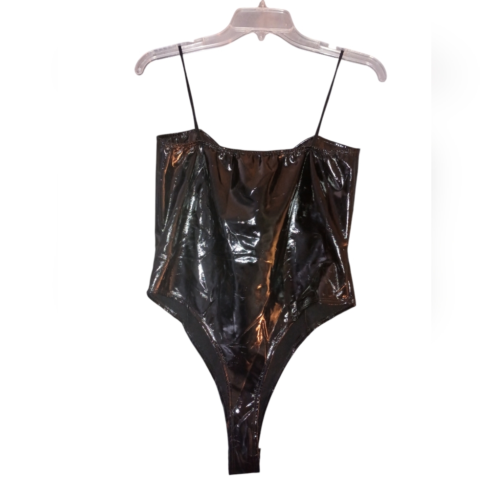 Pretty LittleThing Black Polyurethane Spaghetti Straps bodysuit Size Large